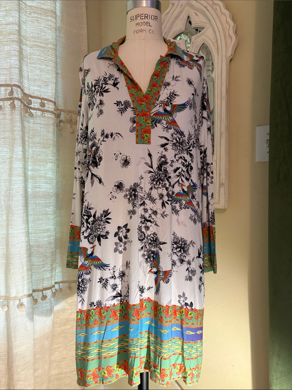 White Floral & Parrot Border Tunic Dress with Turquoise Trim